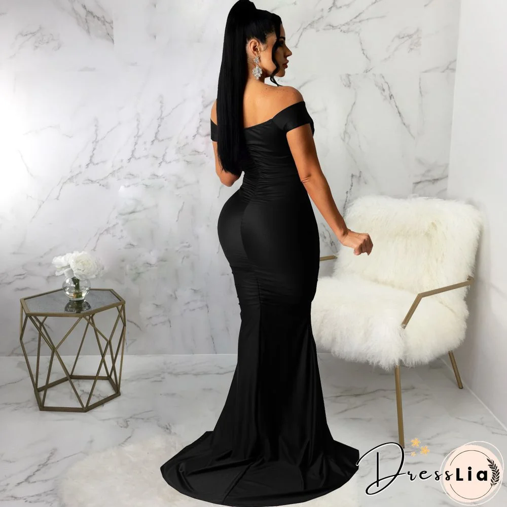 Low Cut Slash Neck Ruched Split Maxi Cocktail Dresses