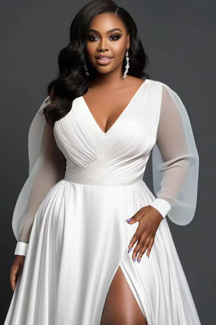 Xpluswear Design Plus Size Wedding White Elegant V Neck Puff Sleeve Long Sleeve Split See Through Satin Maxi Dresses [Pre-Order]