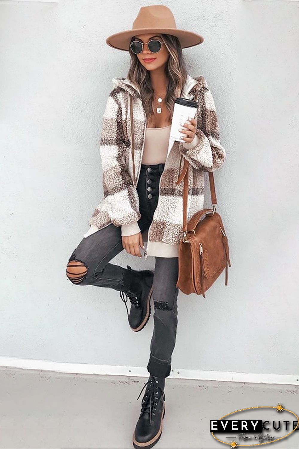 Khaki Plaid Print Zipper Fleece Hooded Coat