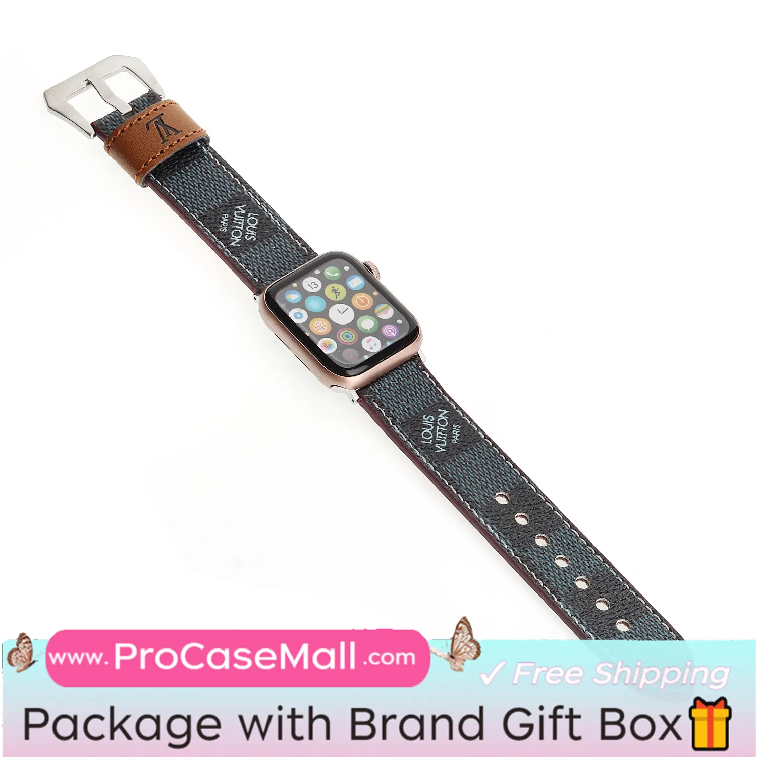LV Genuine Leather Monogram Canvas Apple Watch Strap Checkerboard Canvas