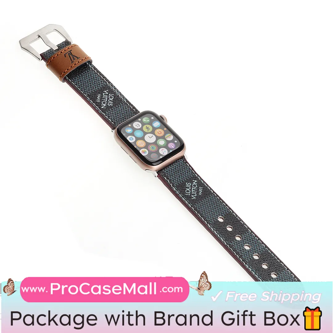 LV Genuine Leather Monogram Canvas Apple Watch Strap Checkerboard Canvas