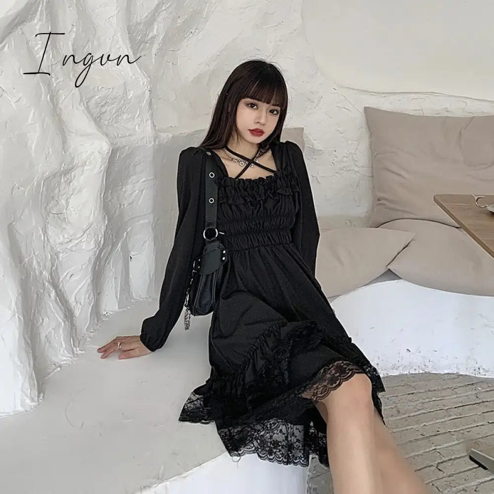 Ingvn - New Gothic Women Black Fairy Party Dress Cross Square Collar Lolita Princess Irregular Cute