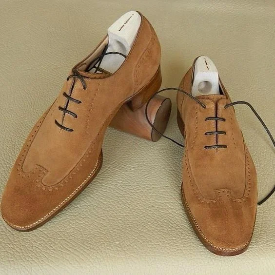 Handmade Men Wing Tip Brogue Dark Beige Suede Formal Shoes Brogue Shoes