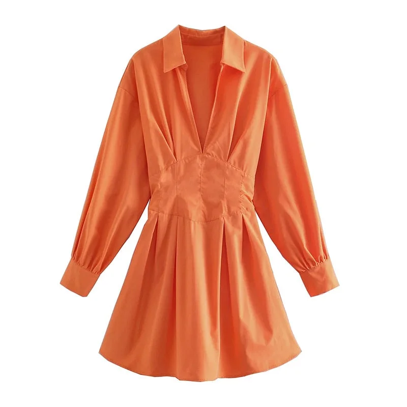 Elegant Orange Sheath Corset Blouse-Style Women Dress 2021 New Summer Long Sleeve A-Line High Waist Back Tied Up Streetwear
