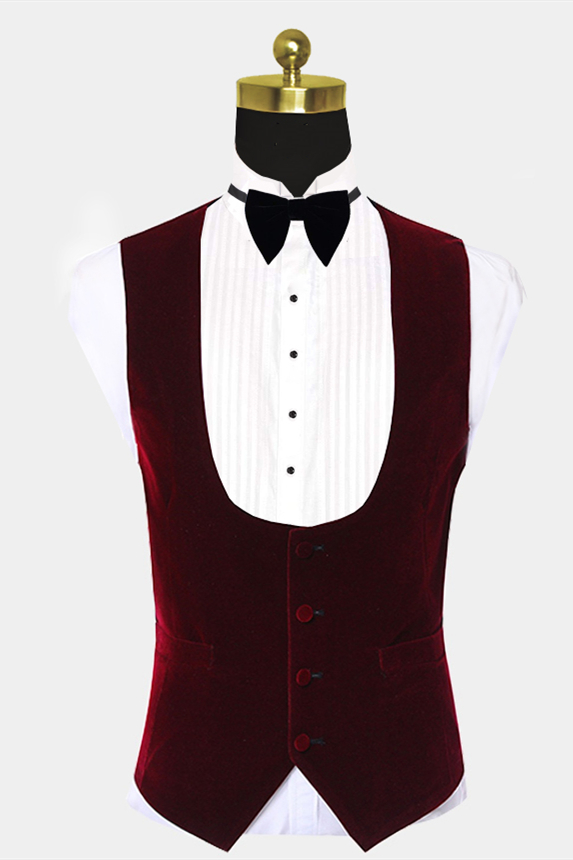 Miabel Burgundy Velvet Lapel Prom Suits  Chic Wedding Tuxedos  With White Jacquard
