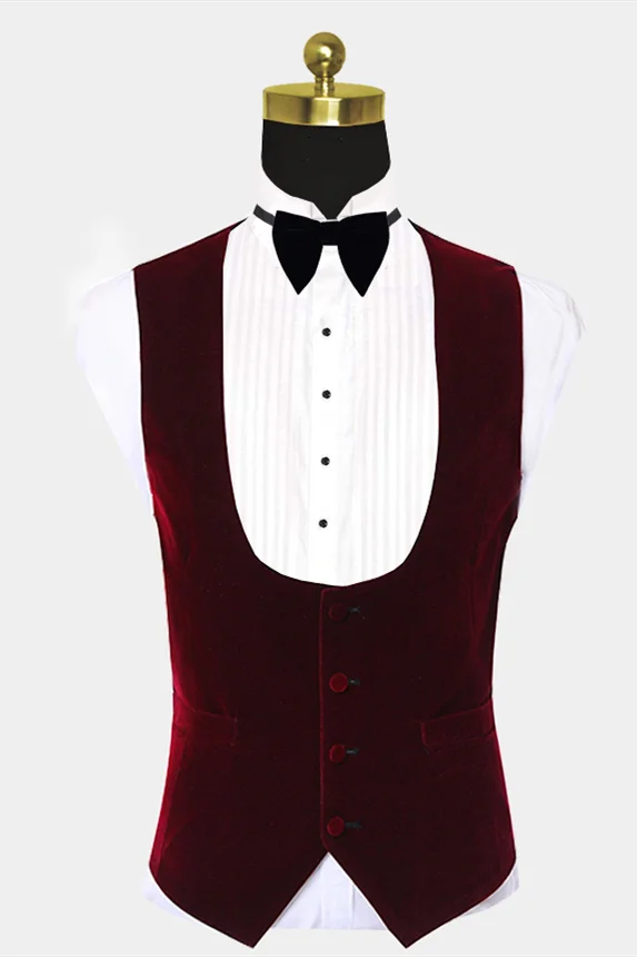 Miabel Burgundy Velvet Lapel Prom Suits  Chic Wedding Tuxedos  With White Jacquard