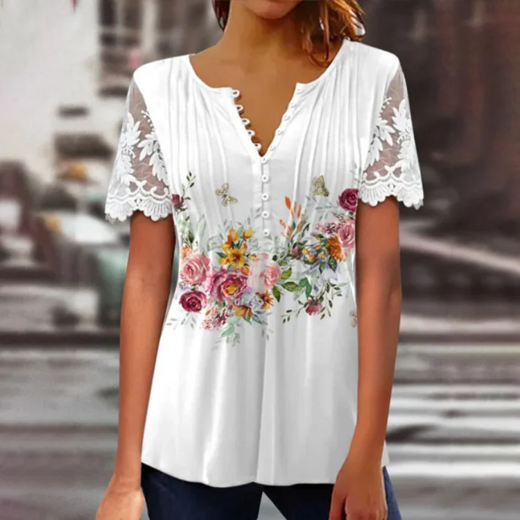 VChics Floral Printed Button Lace Short Sleeve T-Shirt