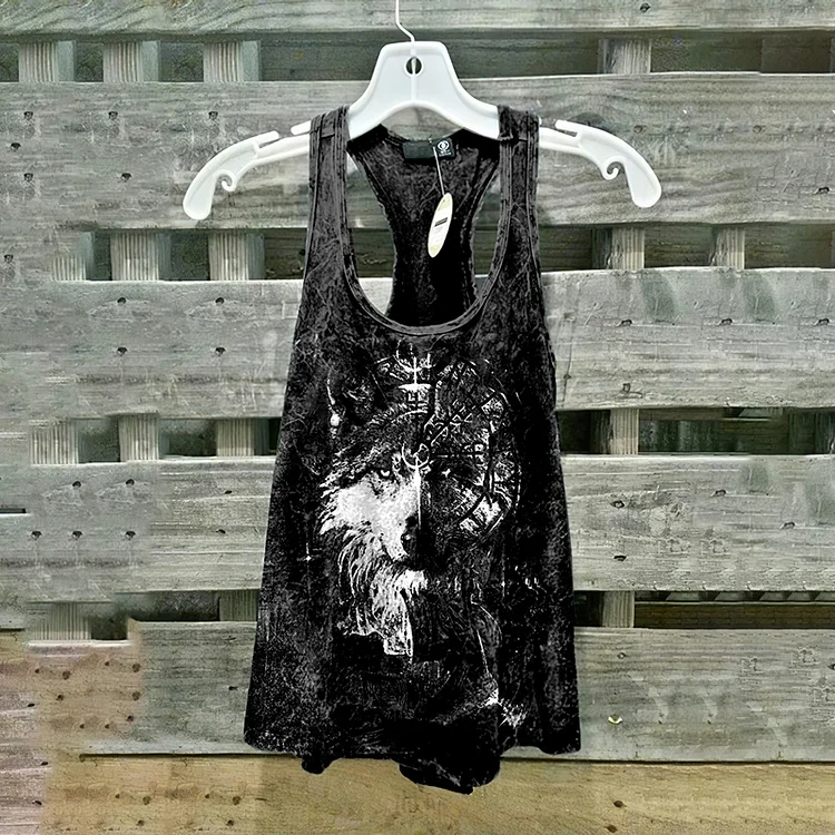 Retro Tribal Wild Wolf Graphic Washed Tank Top