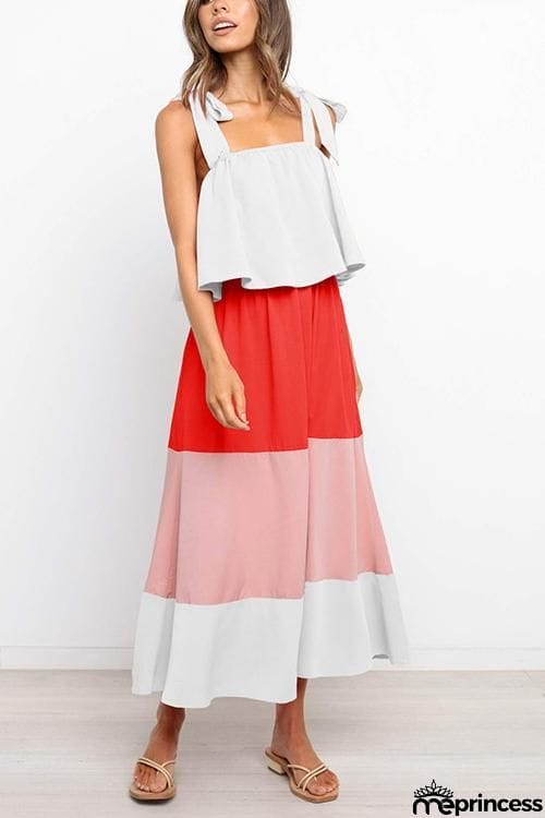 Color Block Bow Slip Maxi Dress
