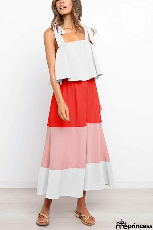 Color Block Bow Slip Maxi Dress