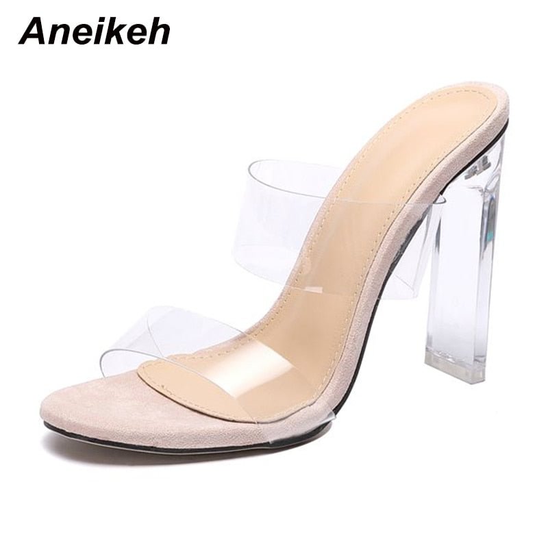 Aneikeh Sexy Slipper Slip On Thin Heels Slides PVC Jelly Slippers Open Toe High Heels Crystal Women Women Transparent Heel Shoes