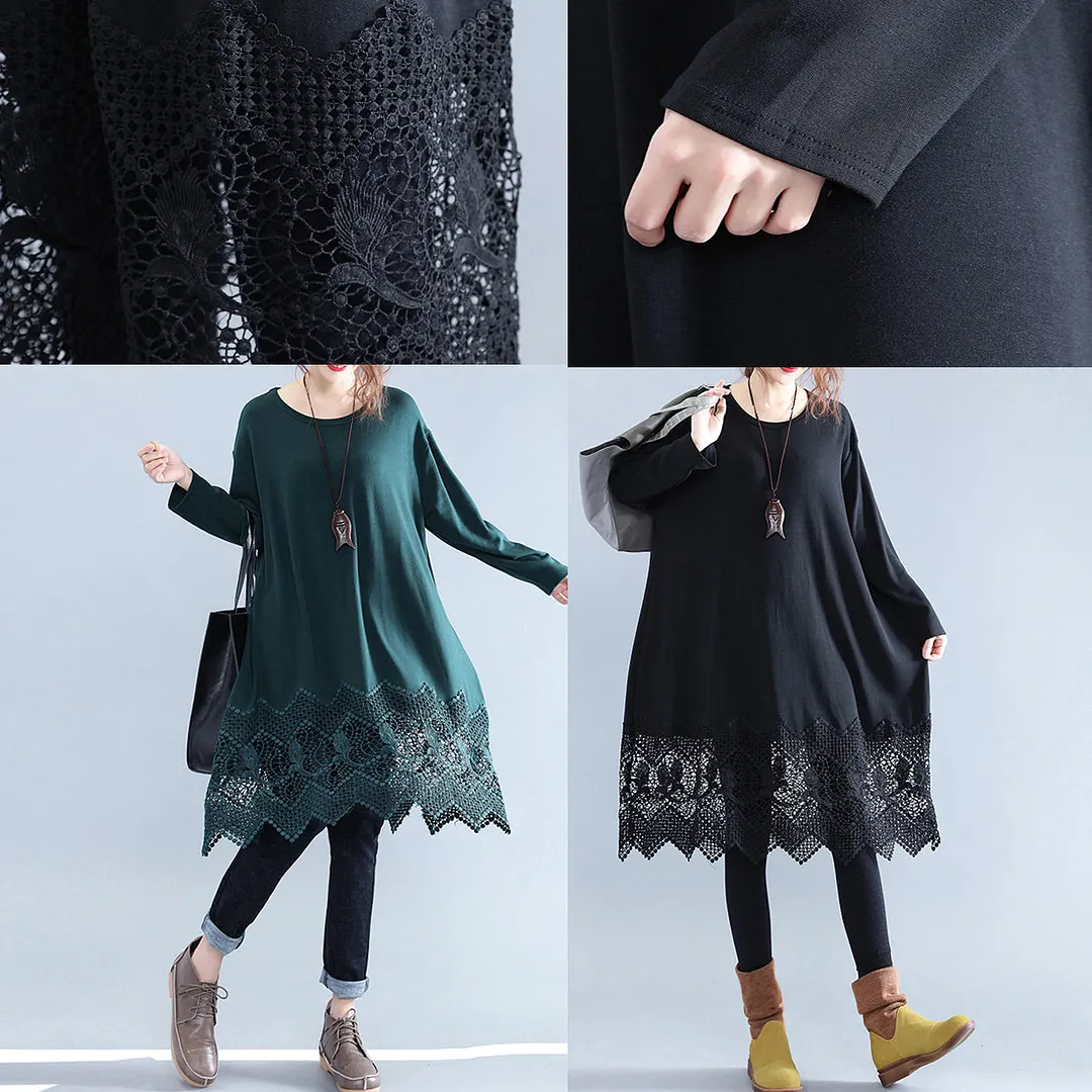 New blackish green cotton shift dress plussize cotton clothing dresses vintage lace ruffles long sleeve cotton dresses