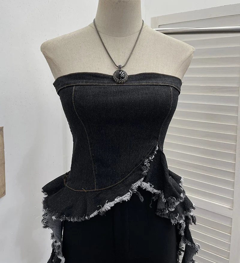 Nigikala Nigikala Shooting Spice Girls Irregularly Brush Chest To Make Old Hair Edge Open Short Sleeveless Top Sling Sling Vest 2716