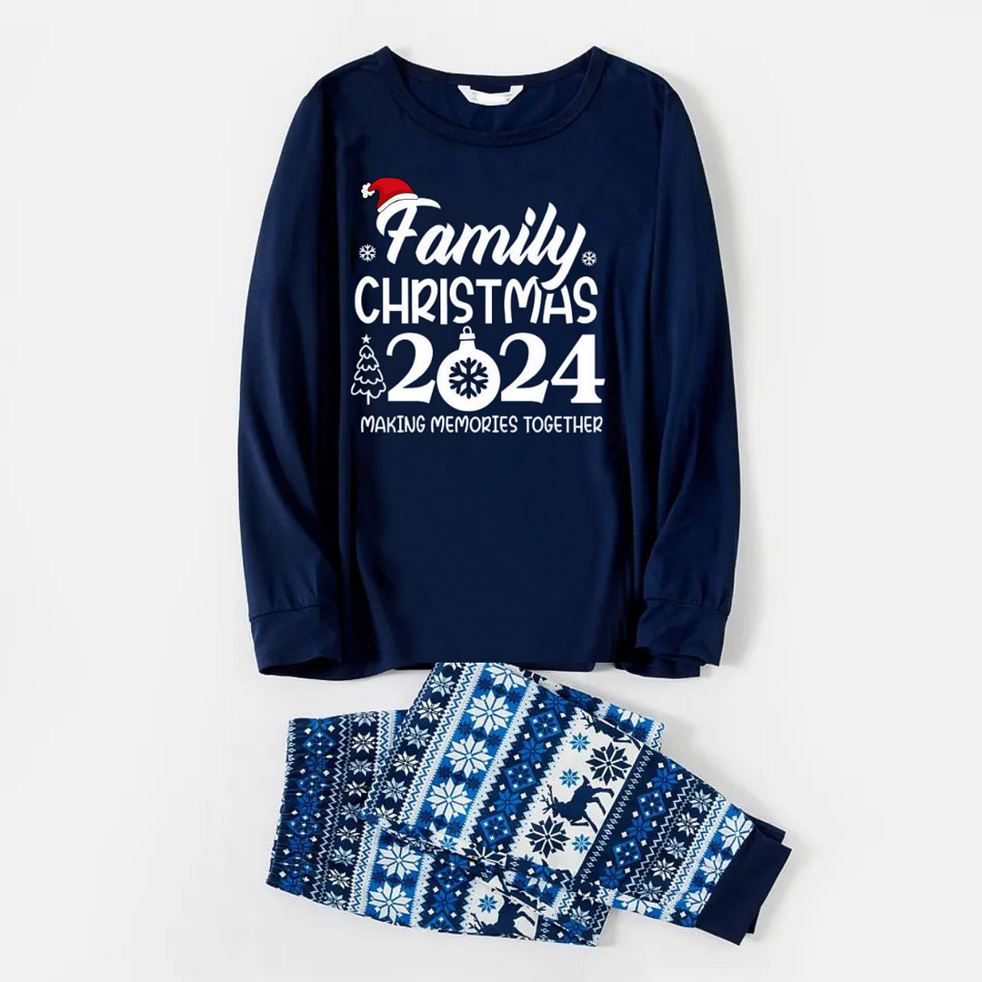 "Family Christmas 2024 " Text Print Blue Family Matching Pajamas