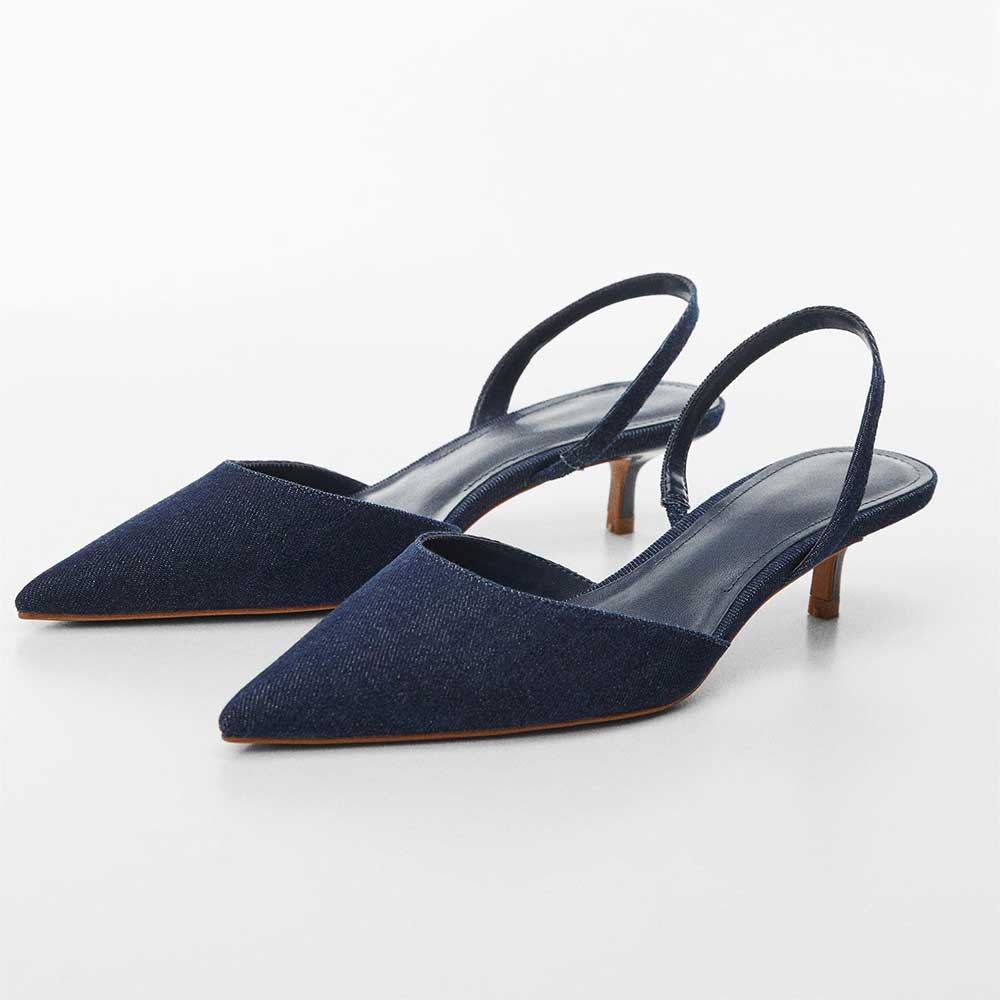 Dark Blue Denim Pointed Toe Kitten Heel Slingback Pumps for Women Nicepairs