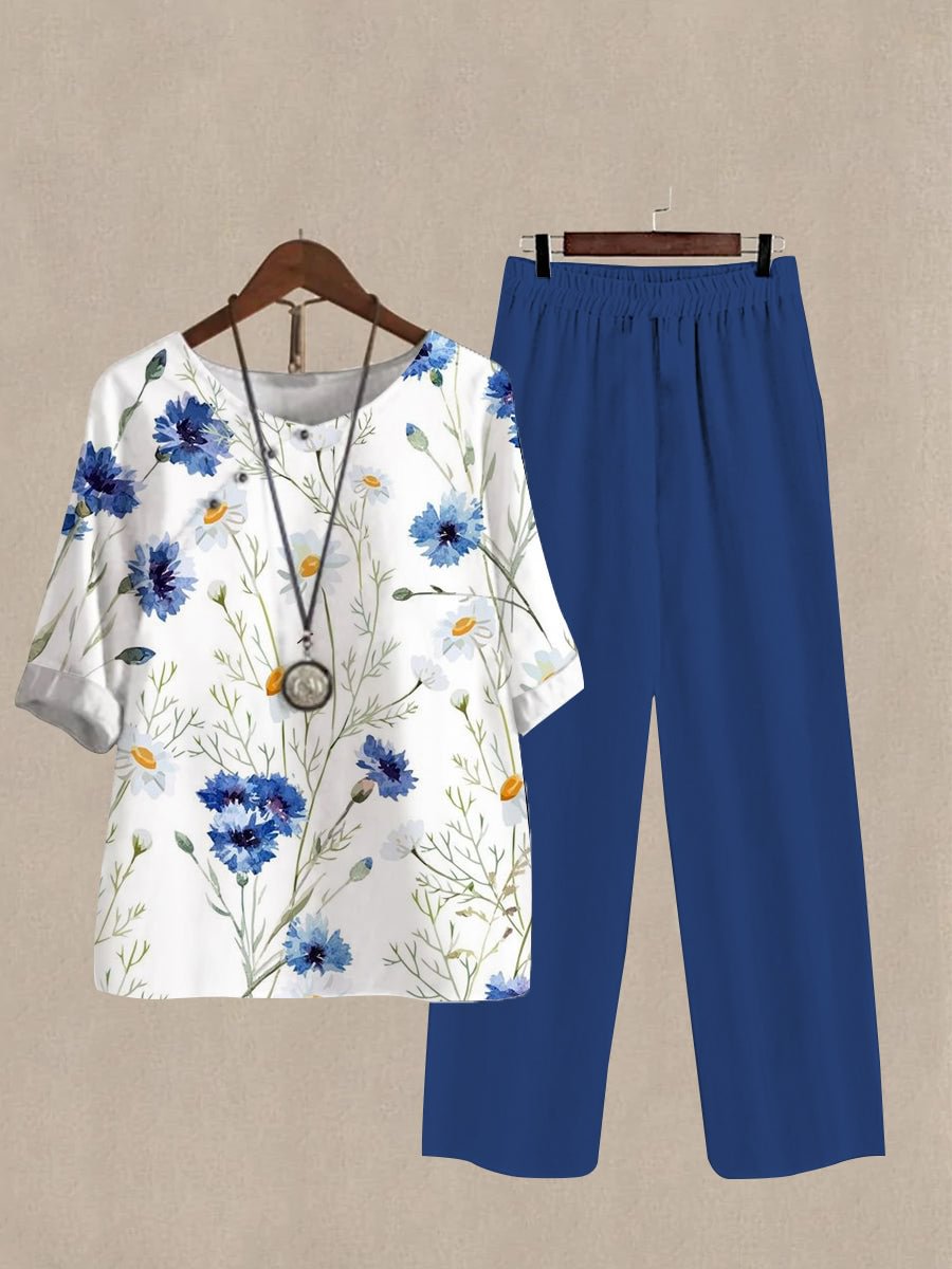 Women's Floral Print Half Sleeve Top And Wide Leg Pants Linen Two Pieces