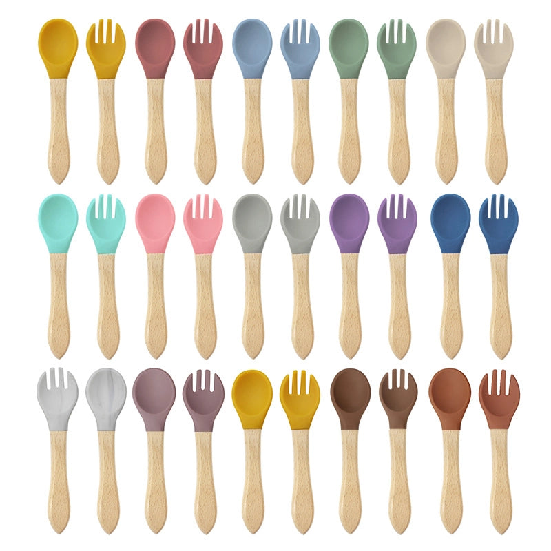 Casual Solid Color Wood Silica Gel Spoon Fork 2 Pieces Set
