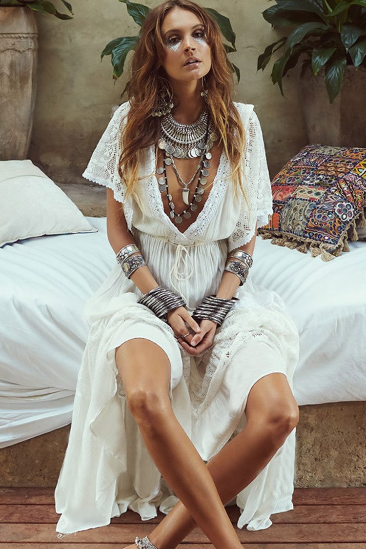 Pleated Splicing Lace Beach Cover Up Maxi Dress-elleschic