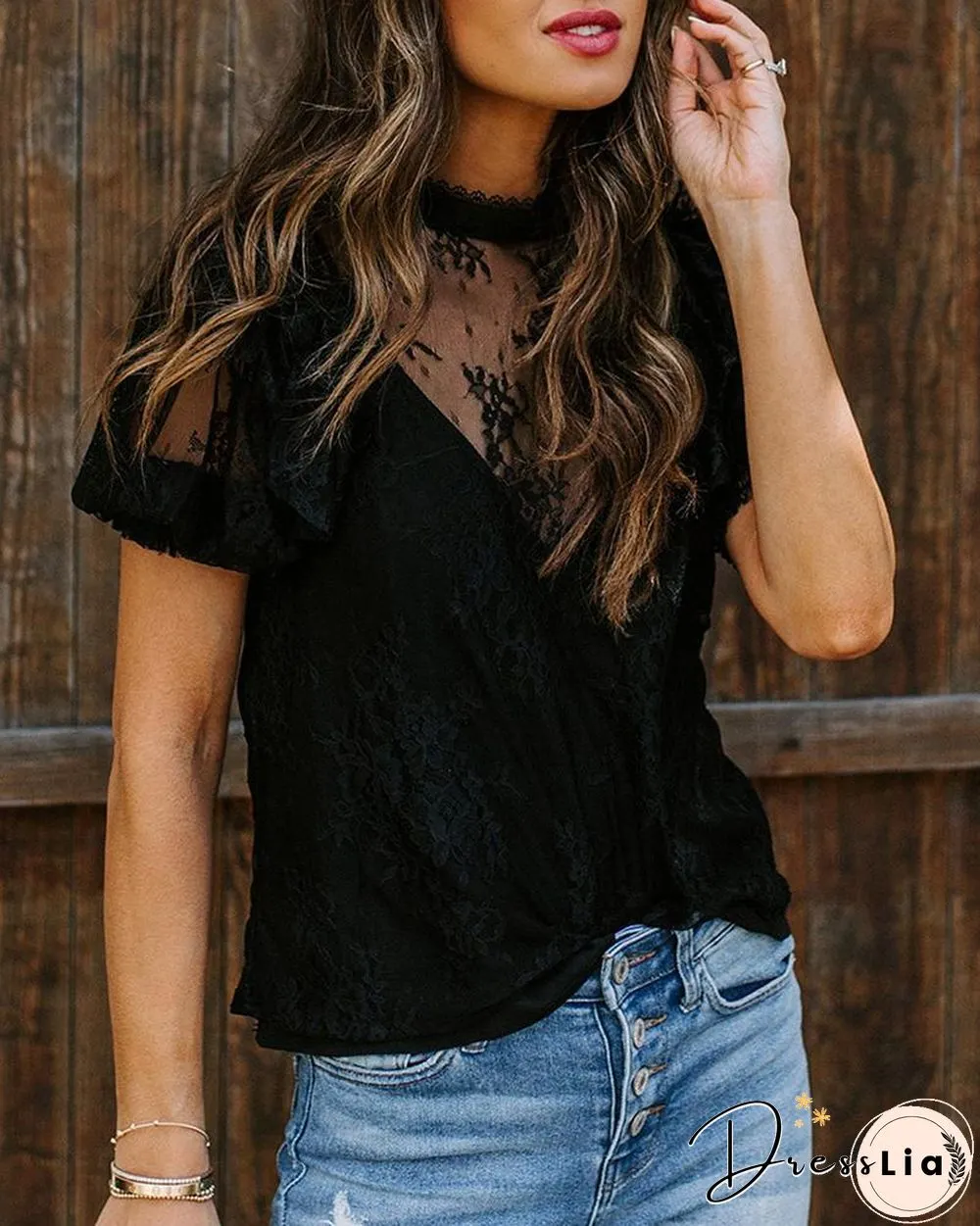 Lace Insert Mesh Casual Blouse P12979