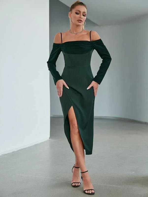 Double Crazy Cold Shoulder Slit Thigh Satin Dress