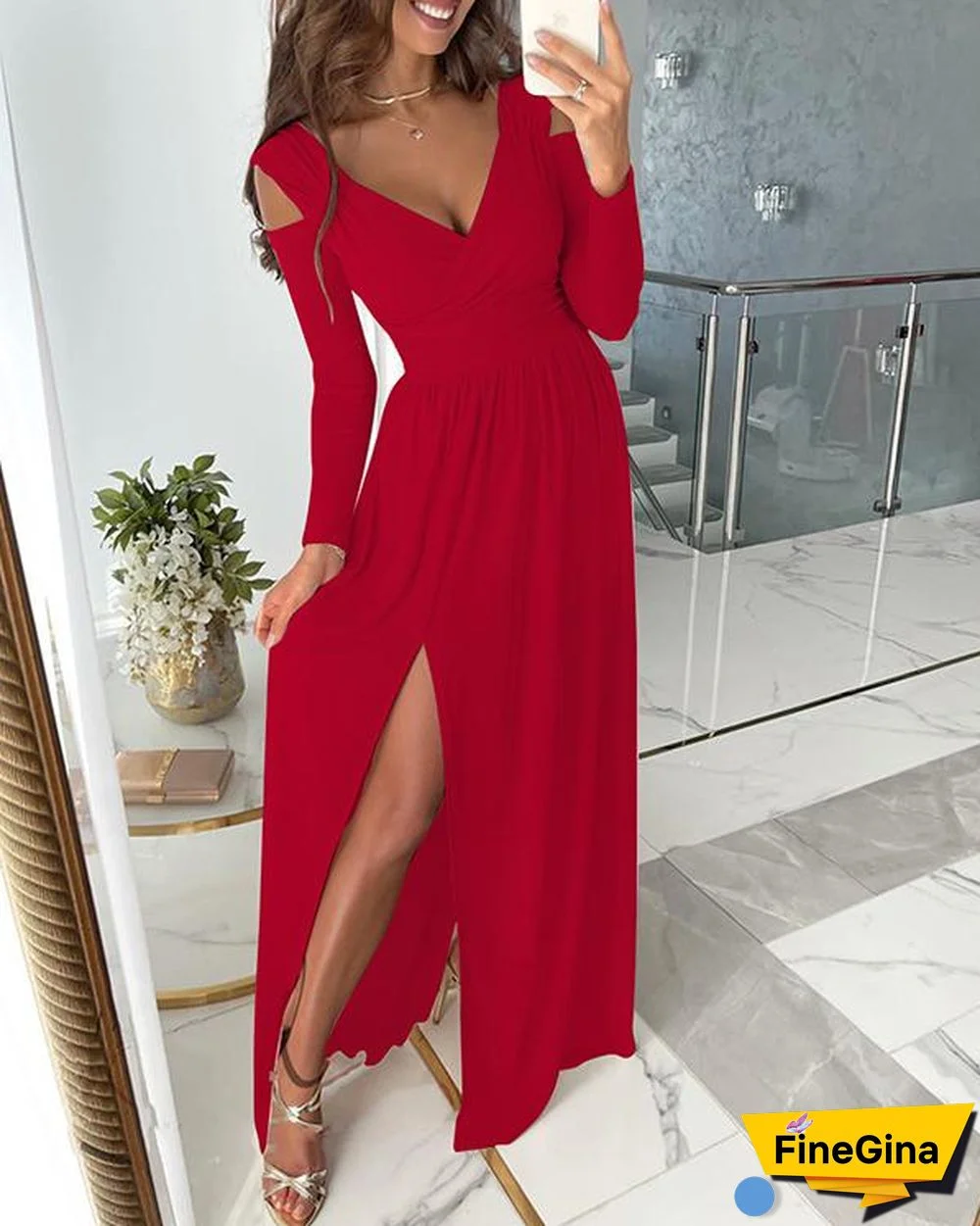 Fashion V-neck Long Sleeve Slit Cut out Maxi Dress