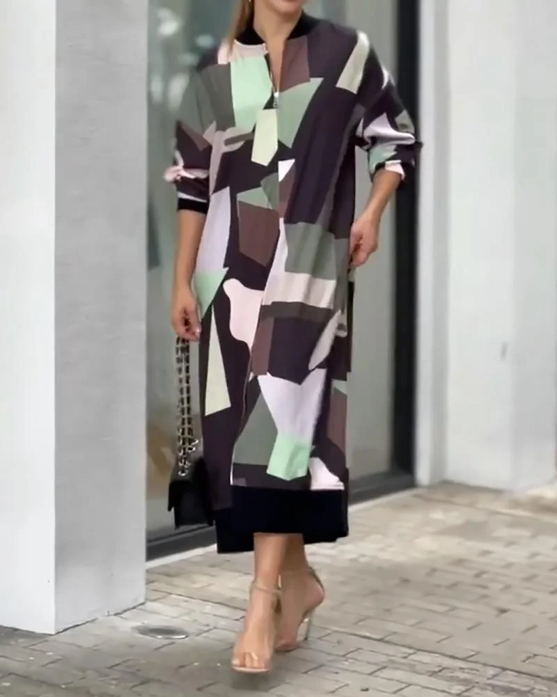 Color-block print casual dress with zipper