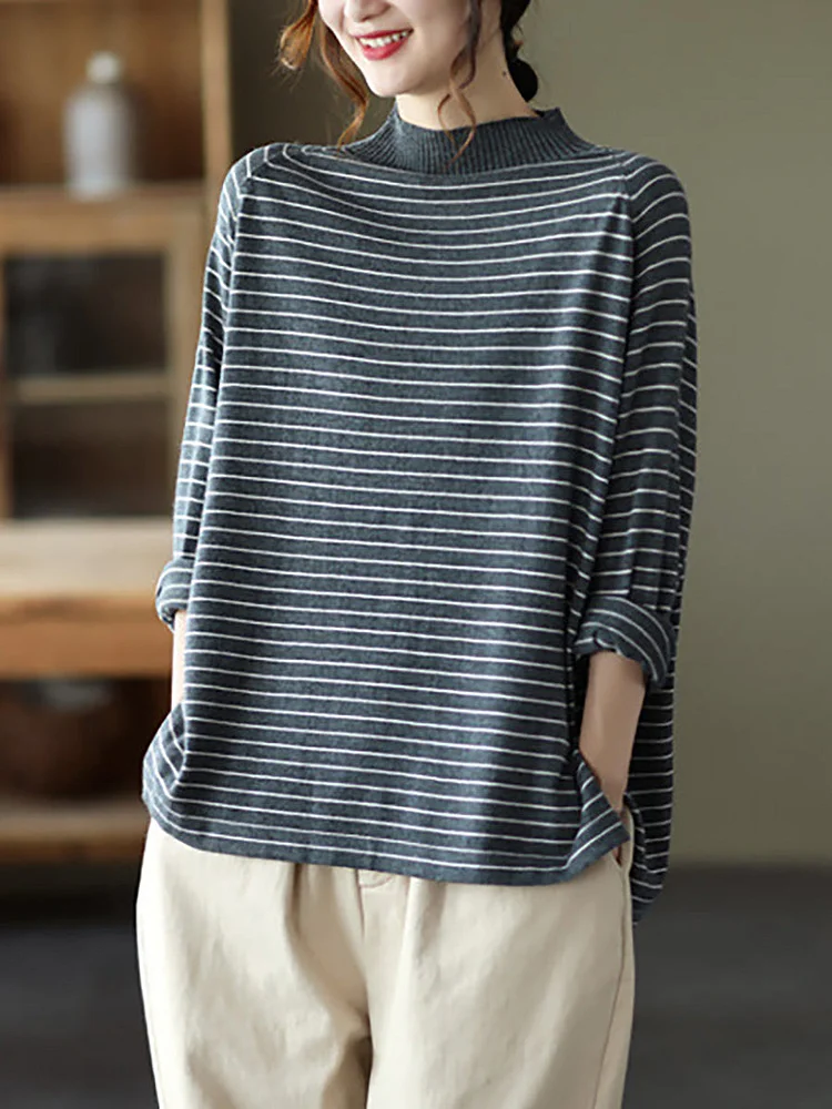 Plus Size - Stripes Turtleneck Knitted Long Sleeve Sweater