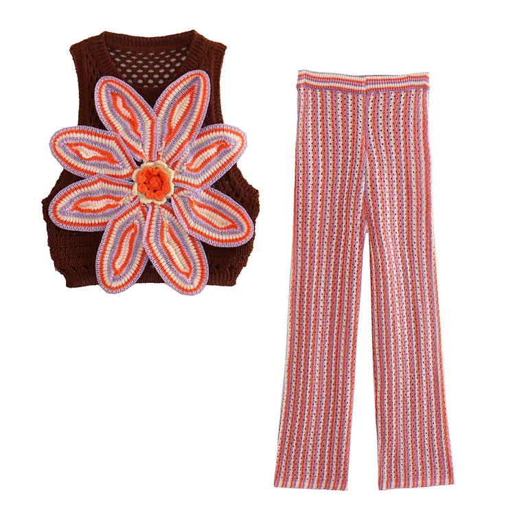 3D Flower Knit Striped Printed Two Piece Set