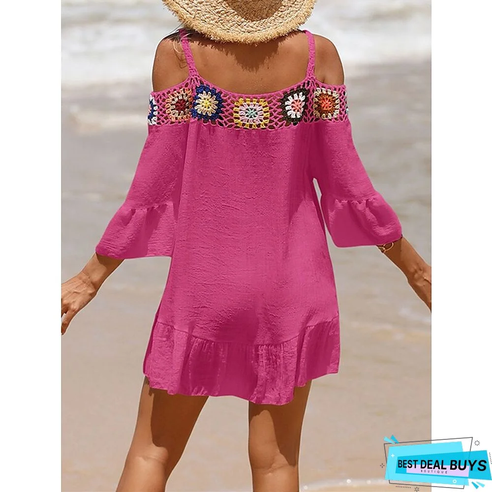 Women's Cover Up Beach Dress Beach Wear Mini Dress Ruffle Backless Ethnic Casual Floral Spaghetti Strap 3/4 Length Sleeve Loose Fit Outdoor Daily Black White 2023 Spring Summer One Size