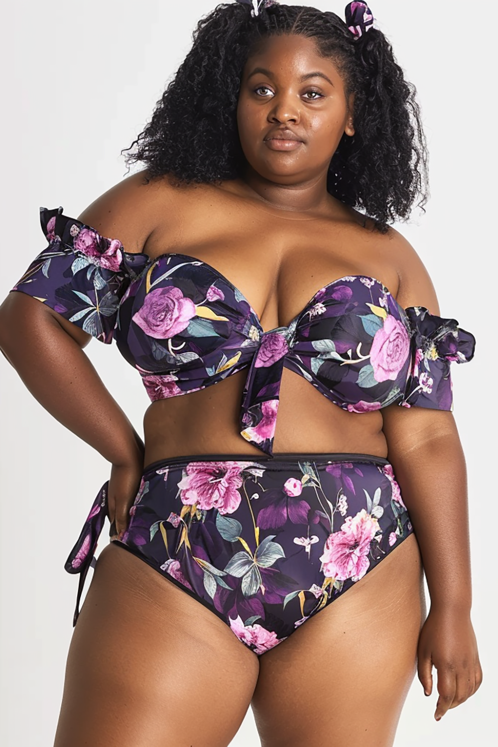 Design Plus Size Beach Lavender Floral Off The Shoulder Short Sleeve Bow Tie Swimsuit Fabric Two Pieces Swimsuit [Pre-Order]