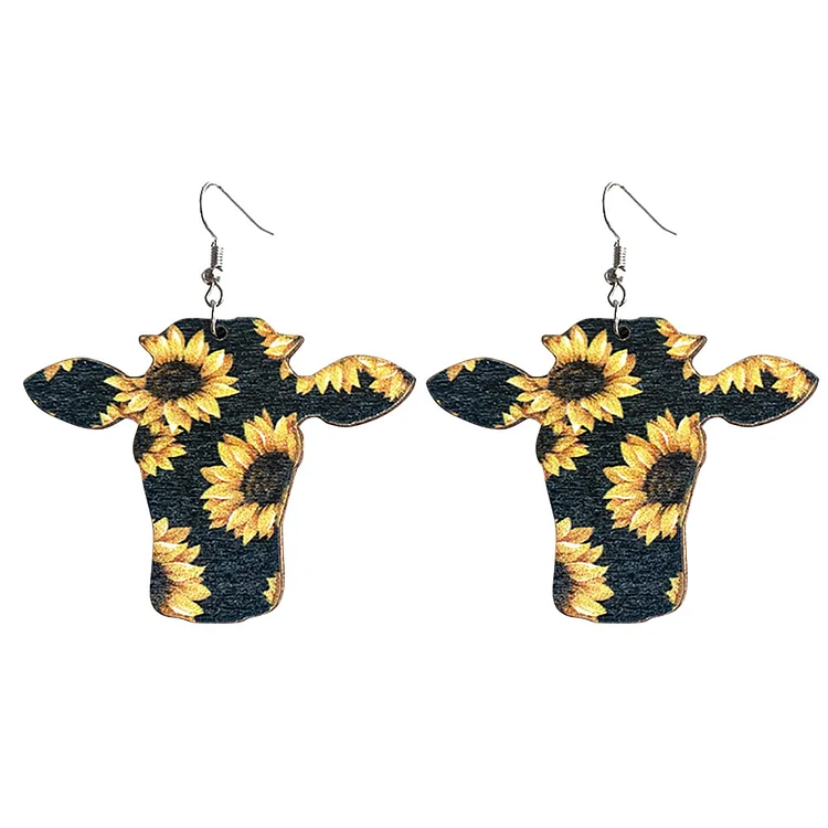 Cow Head Dangle Earrings Wooden Sunflower Independence Day Pendant Earrings-Annaletters