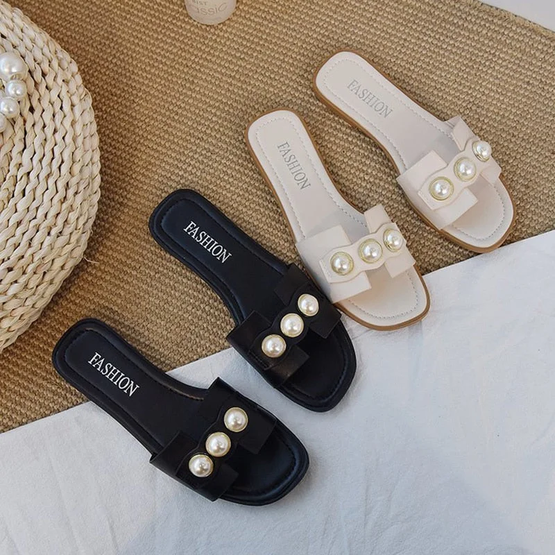 Women Slippers Fashion Pearl Design Elegant Flat Shoes 2021 Sell Well Korean Version Beige Low Heel Ladies Flip Flop Casual