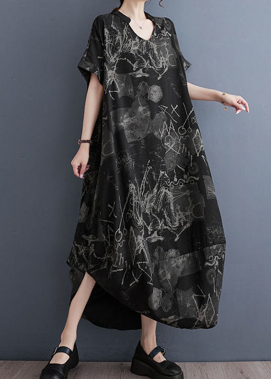 VCSHOES Black V Neck Print Patchwork Cotton Long Dress Summer