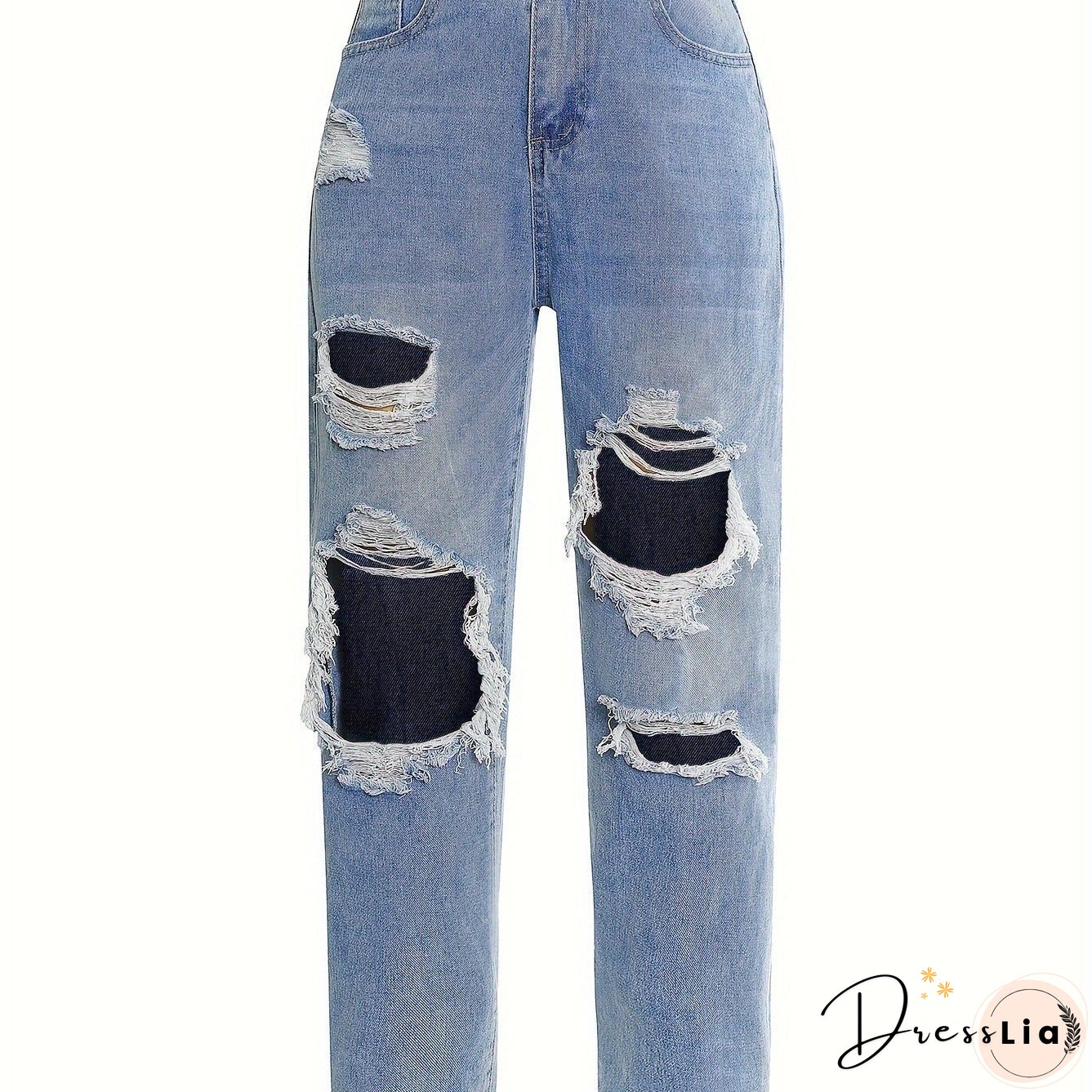 Blue Ripped Straight Jeans Slash Pockets High Waist Distressed Denim Pants Womens Clothing