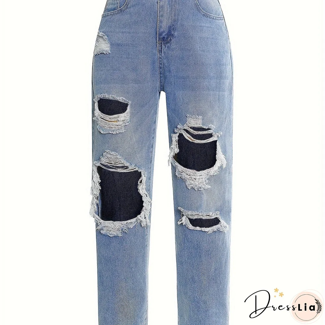 Blue Ripped Straight Jeans, Slash Pockets High Waist Distressed High Waist Denim Pants, Women's Denim Jeans & Clothing