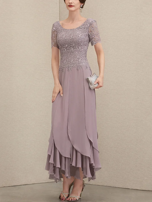 A-Line Scoop Neck Ankle Chiffon Lace Bridal Mom Gown with Layered Ruffles