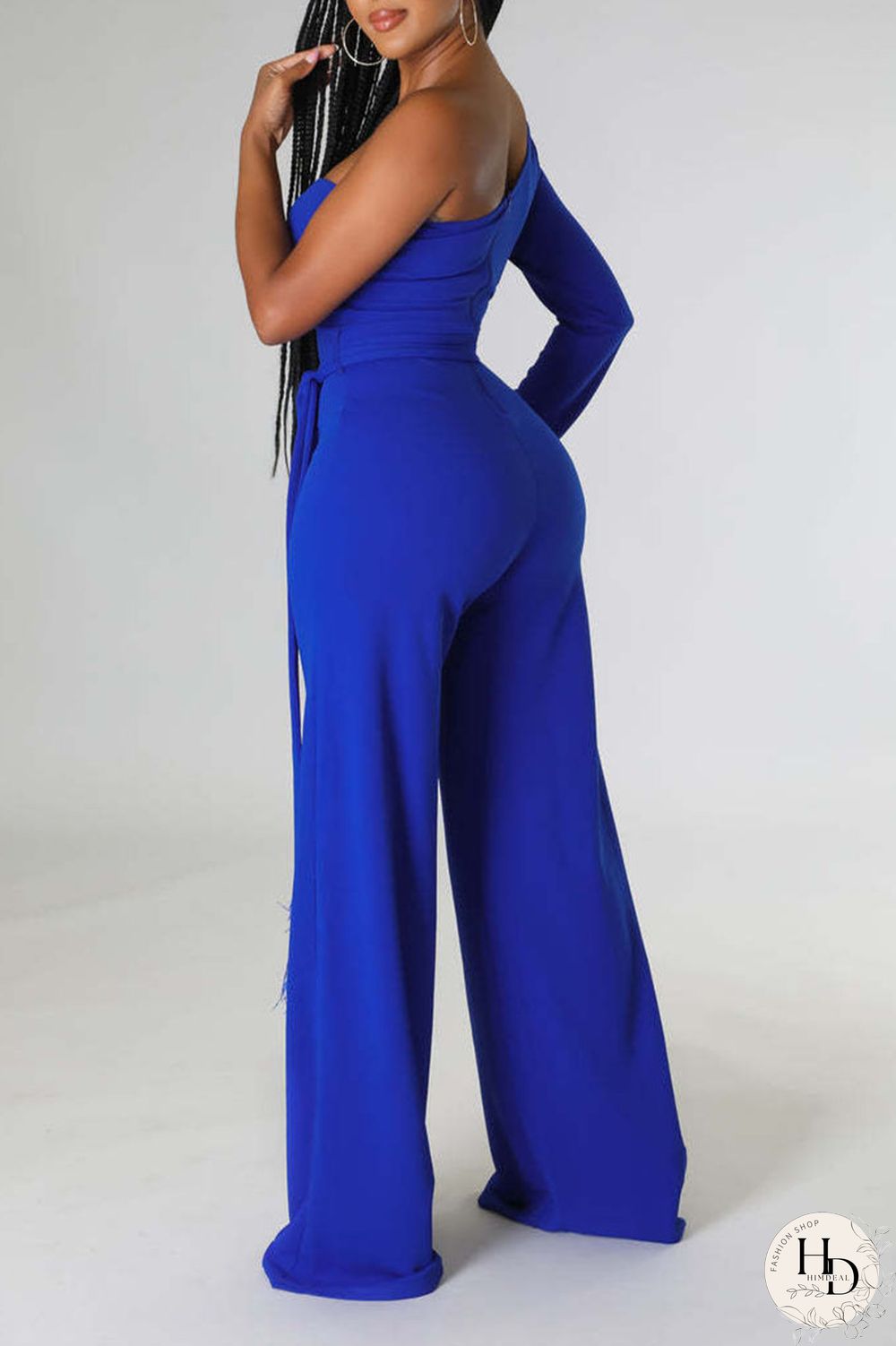 Black Casual Solid Bandage Patchwork Feathers Asymmetrical Collar Regular Jumpsuits