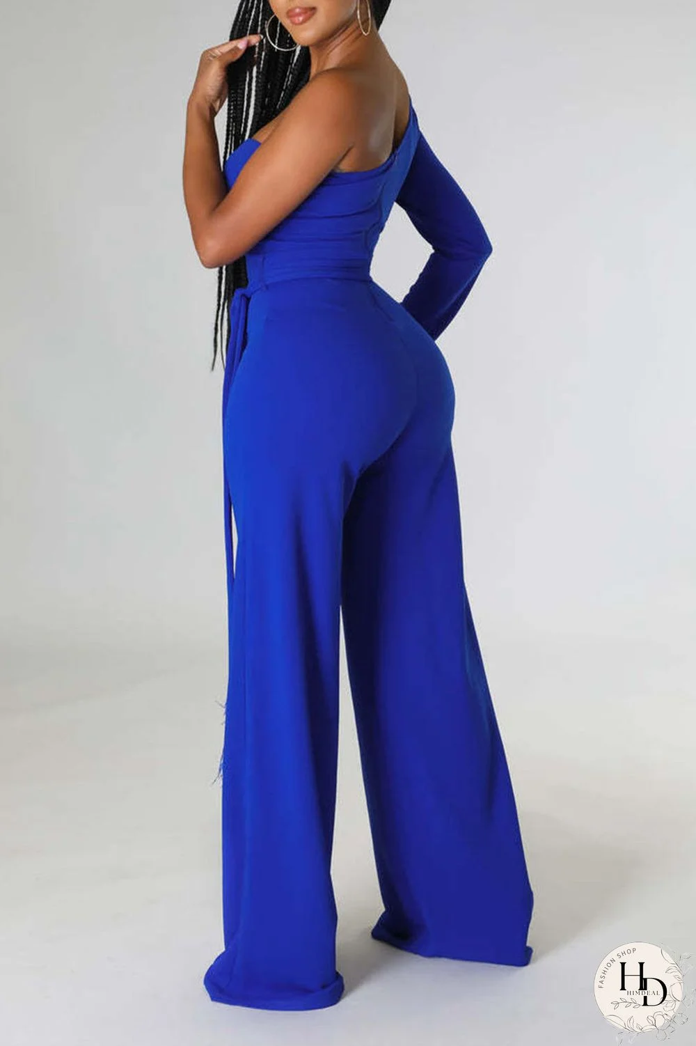 Black Casual Solid Bandage Patchwork Feathers Asymmetrical Collar Regular Jumpsuits