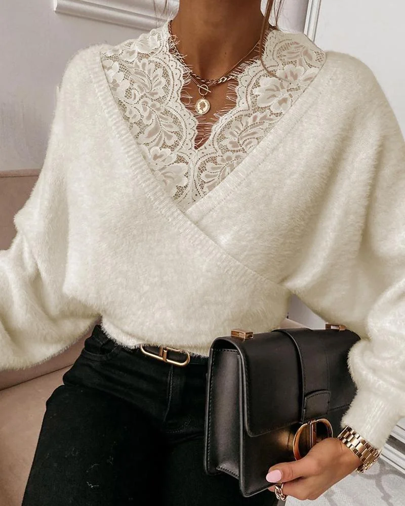 Stitching Lace Solid Color Long Sleeve Top P15487