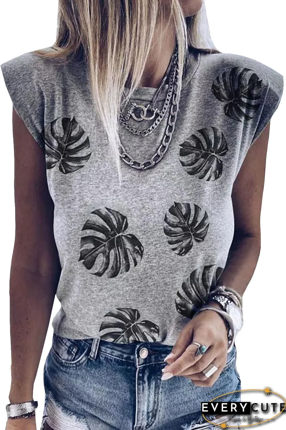 Gray Palm Leaves Crew Neck Tank