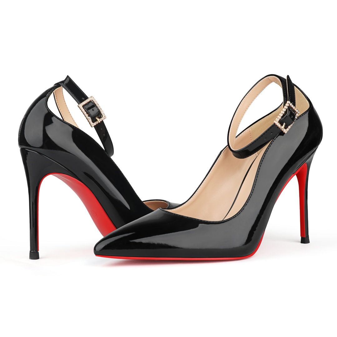 100mm Women's Stiletto Heels Classic Pointed Toe Red Bottom Pumps Matte Shoes Ankle Strap Pumps-MERUMOTE