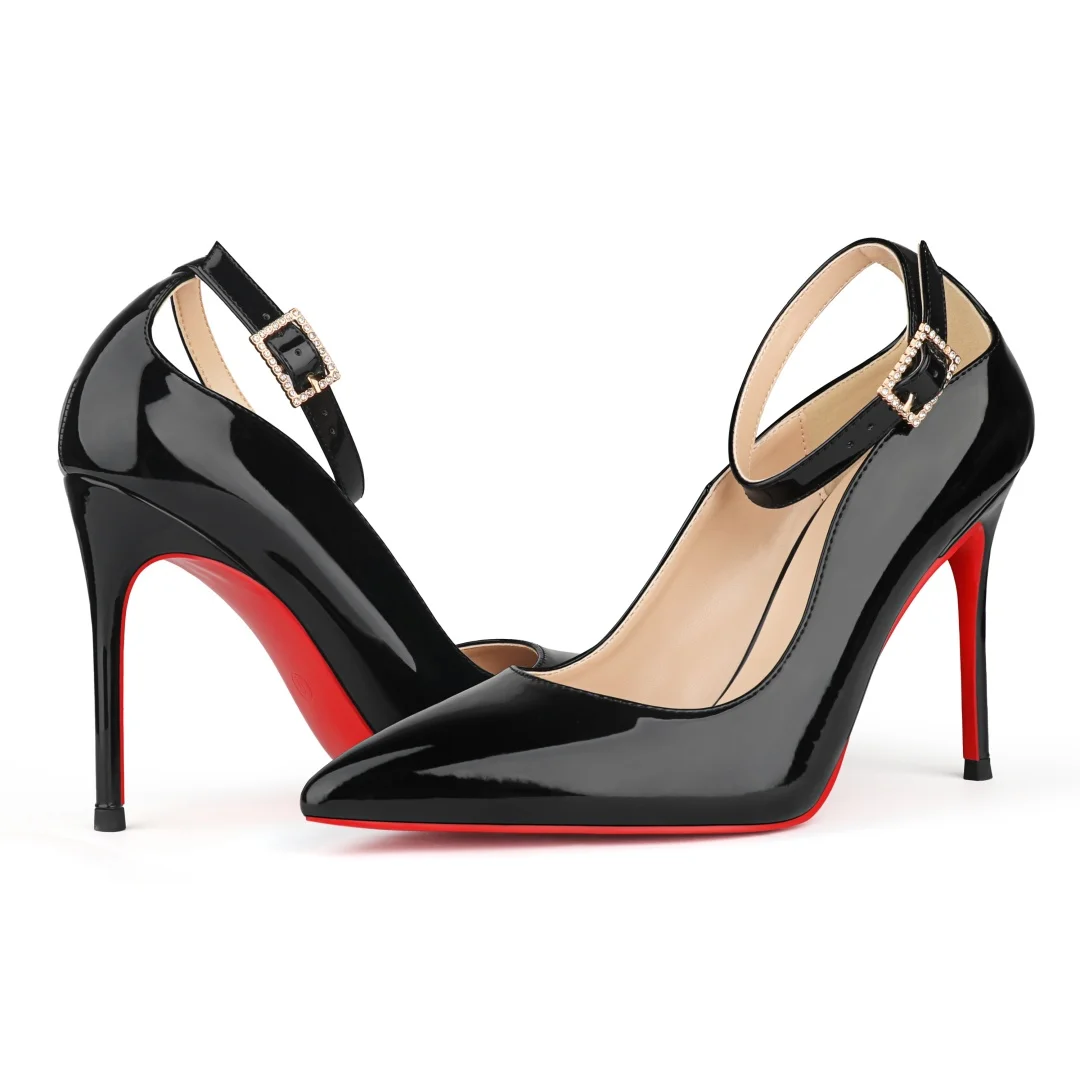 100mm Women's Stiletto Heels Classic Pointed Toe Red Bottom Pumps Matte Shoes Ankle Strap Pumps-MERUMOTE