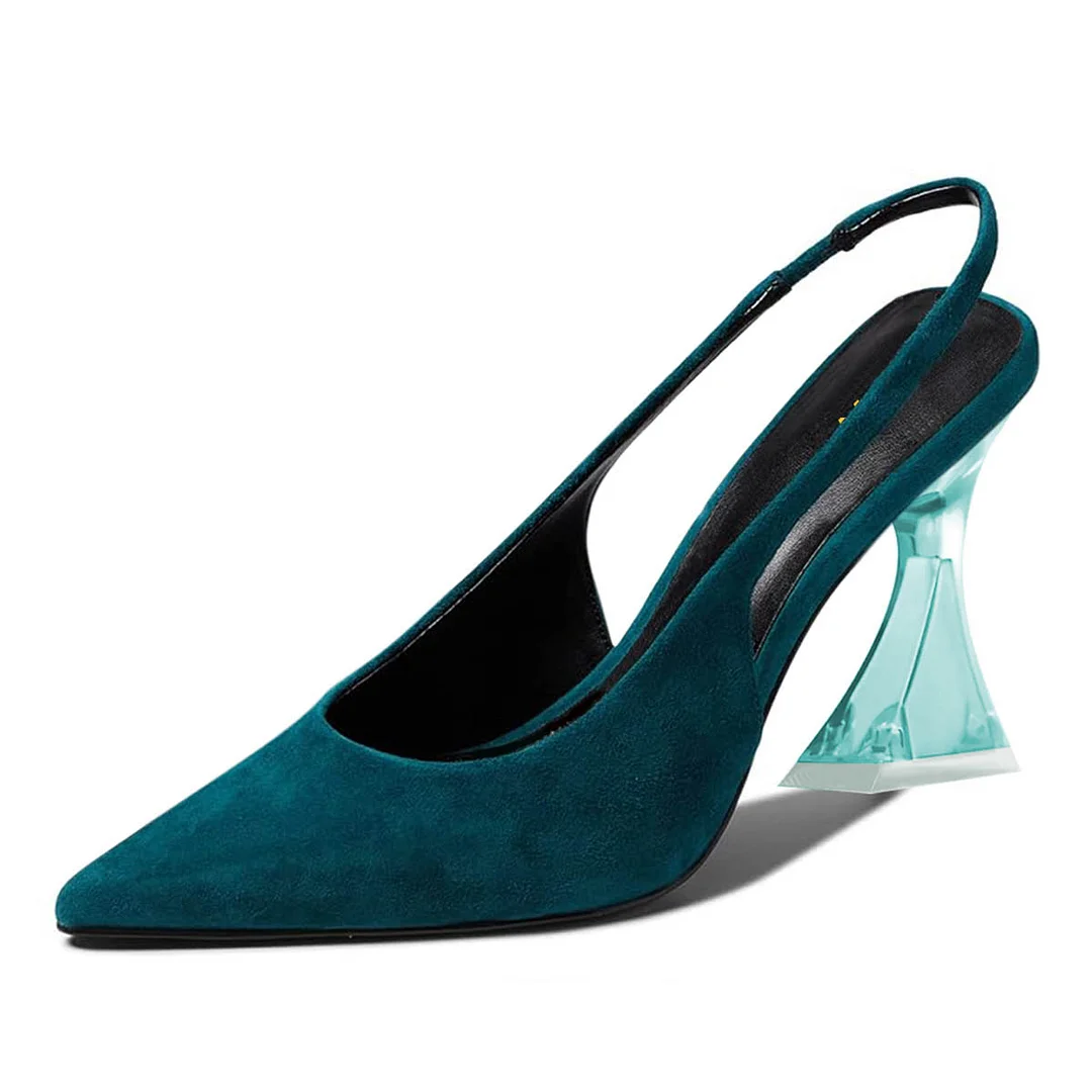 Classic Dark Teal Vegan Suede Pointed Toe Slingback Heels