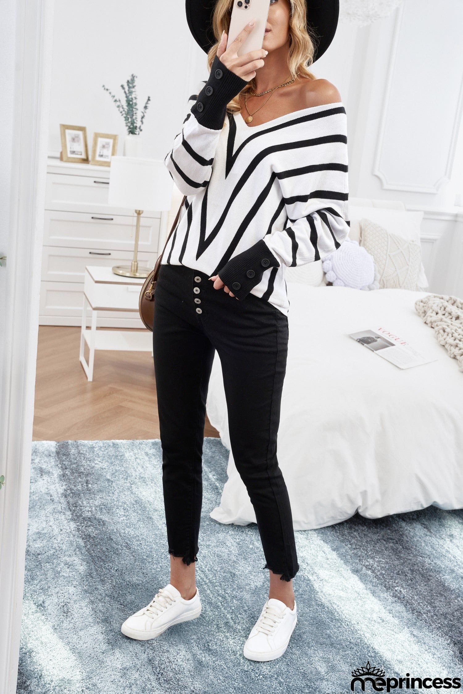 Khaki V Neck Popper Cuff Striped Casual Sweater