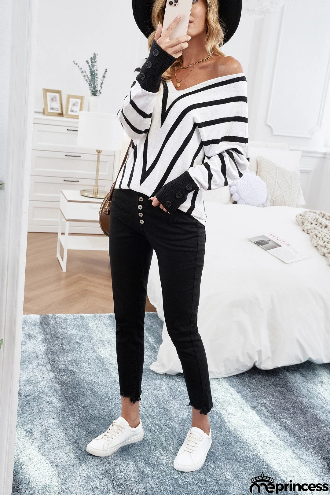 Khaki V Neck Popper Cuff Striped Casual Sweater