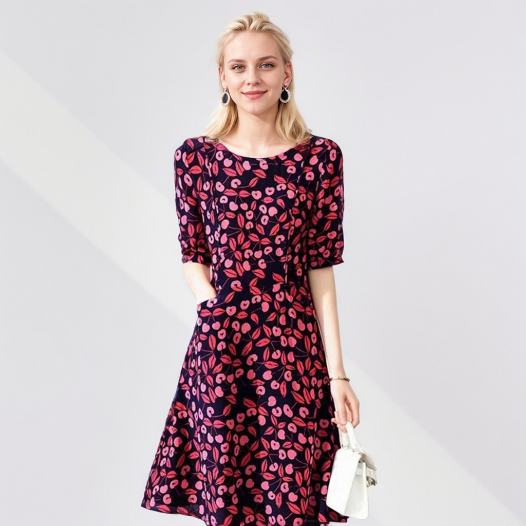 100 Silk Short Dress Cherry Print For Vacation REAL SILK LIFE