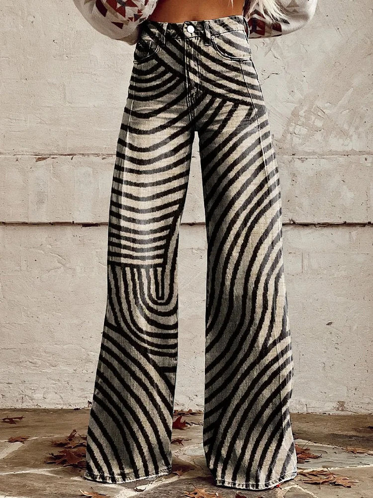 Women's  Retro Hand Drawn Line Pattern Print Casual Wide Leg Pants