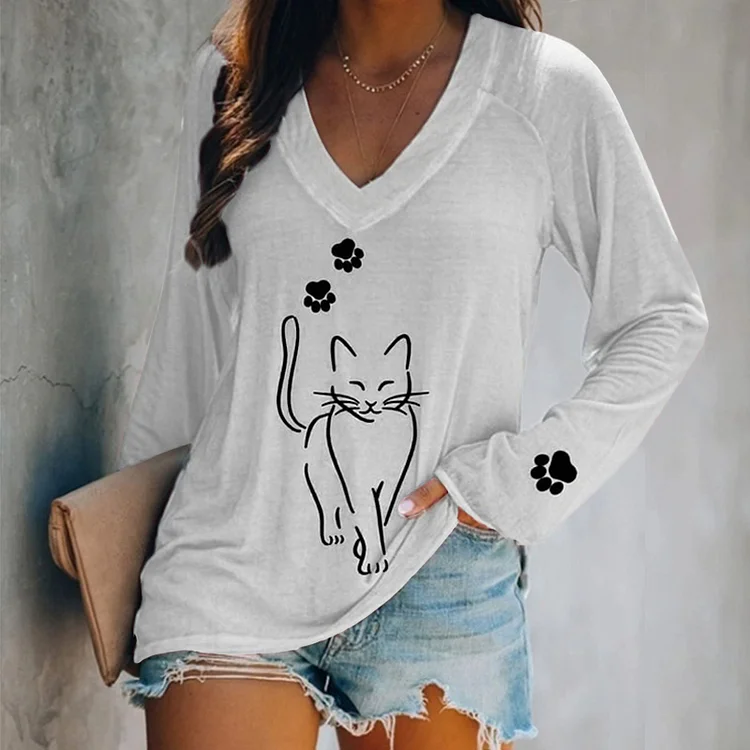 Cat Print V-Neck Casual T-Shirt