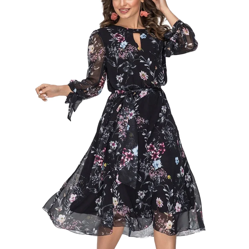 Jangj S.FLAVOR Women Flower Print Chiffon Dresses Sexy O Neck Hollow Out Long Sleeve Dress Female Elegant A Line Party Vestidos 2022