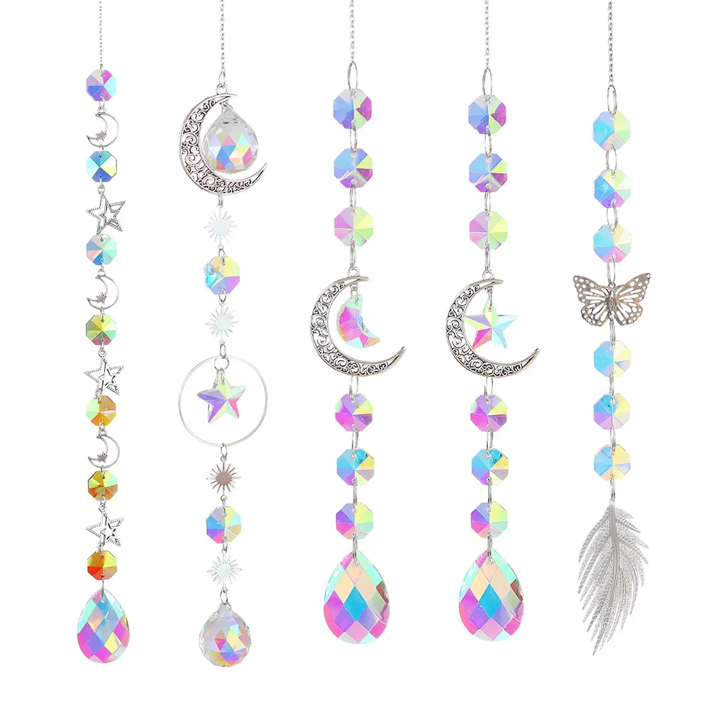 Crystal Windchime Ornament Hexagonal Feather Butterfly Hanging Wall Pendant